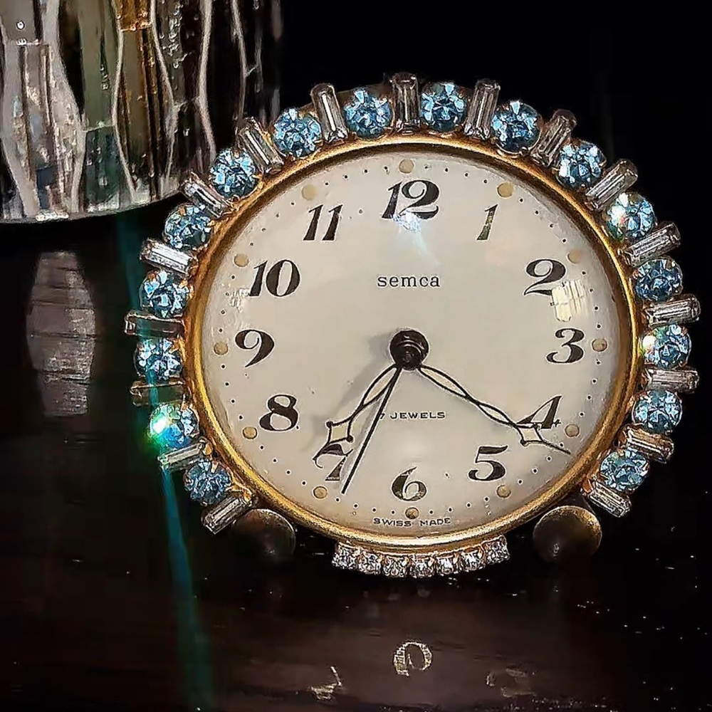 1900's Vintage Semca 7 Jewels Alarm Clock Swiss Aqua Blue & Diamond Rhinestones